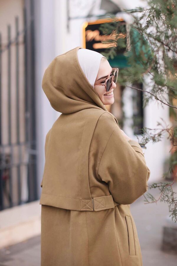 Fleece Coat With Hoodie Camel