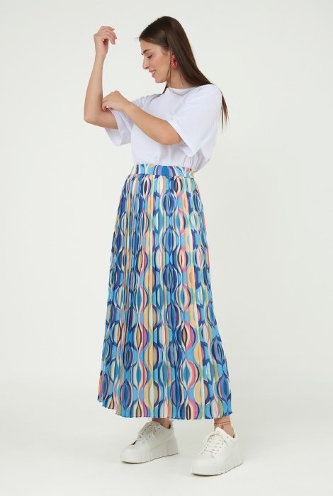 Onion Patterned Pleated Skirt Blue 