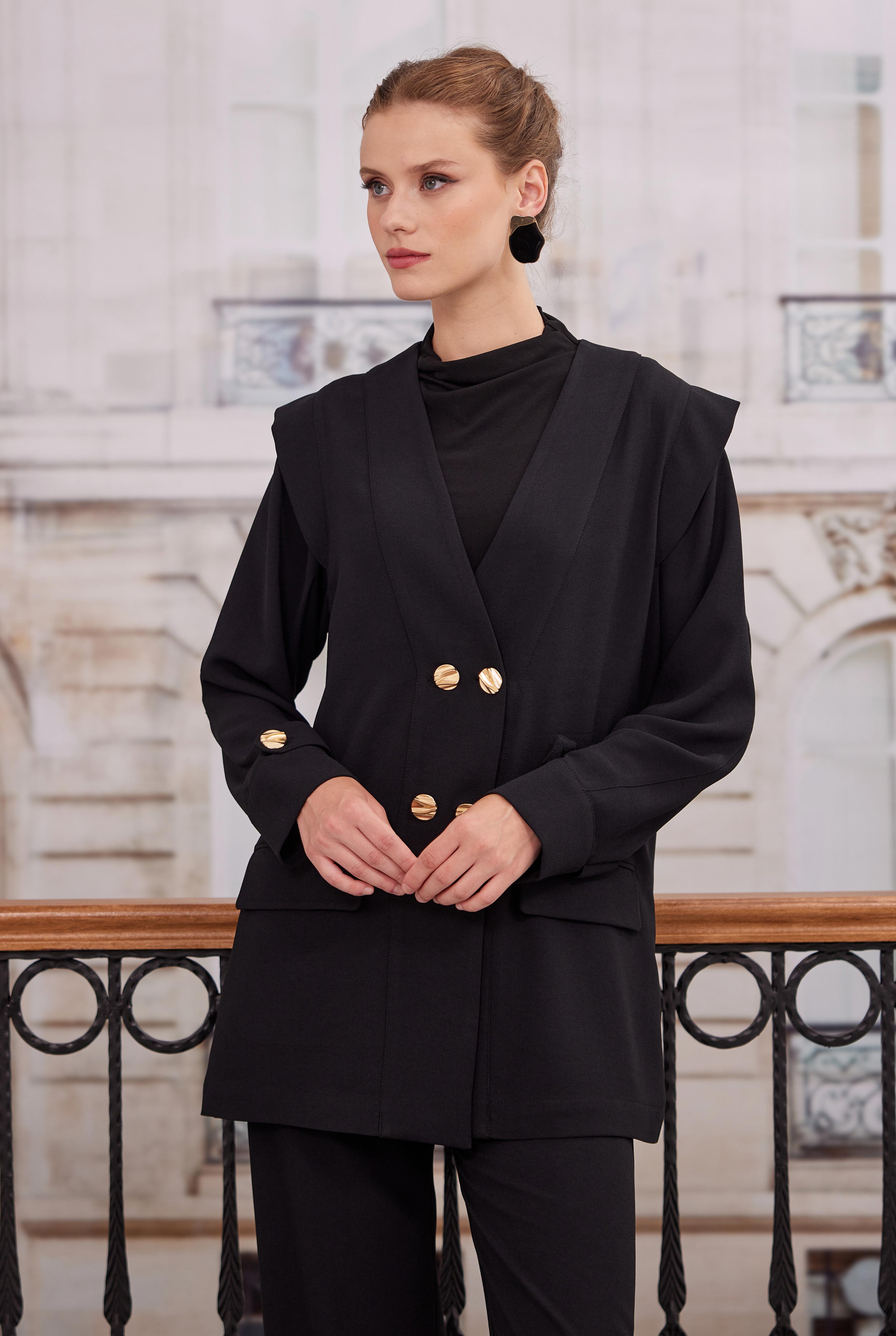 Kruvaze Blazer Ceket Pantolon Takım Siyah