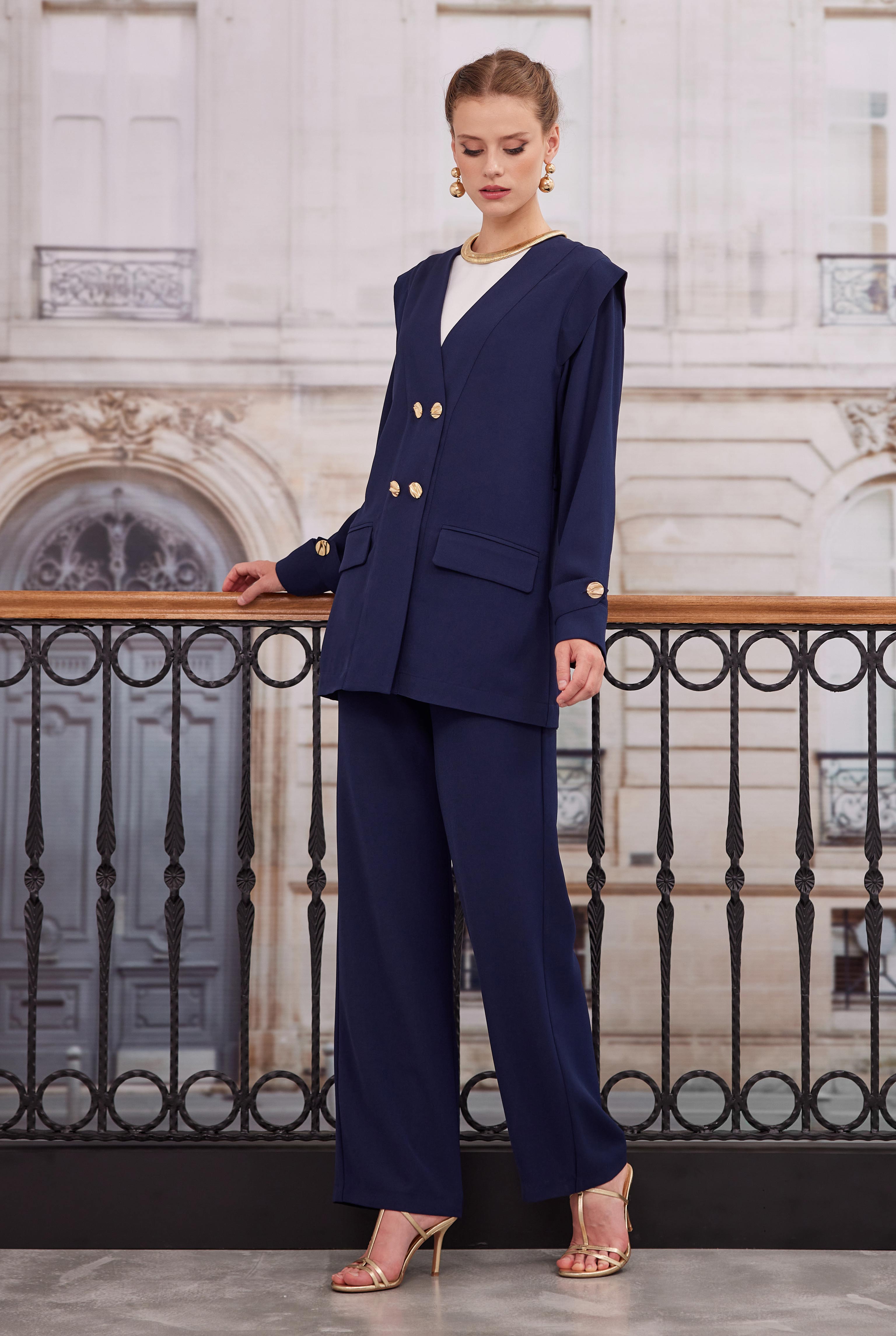 Kruvaze Blazer Ceket Pantolon Takım Lacivert
