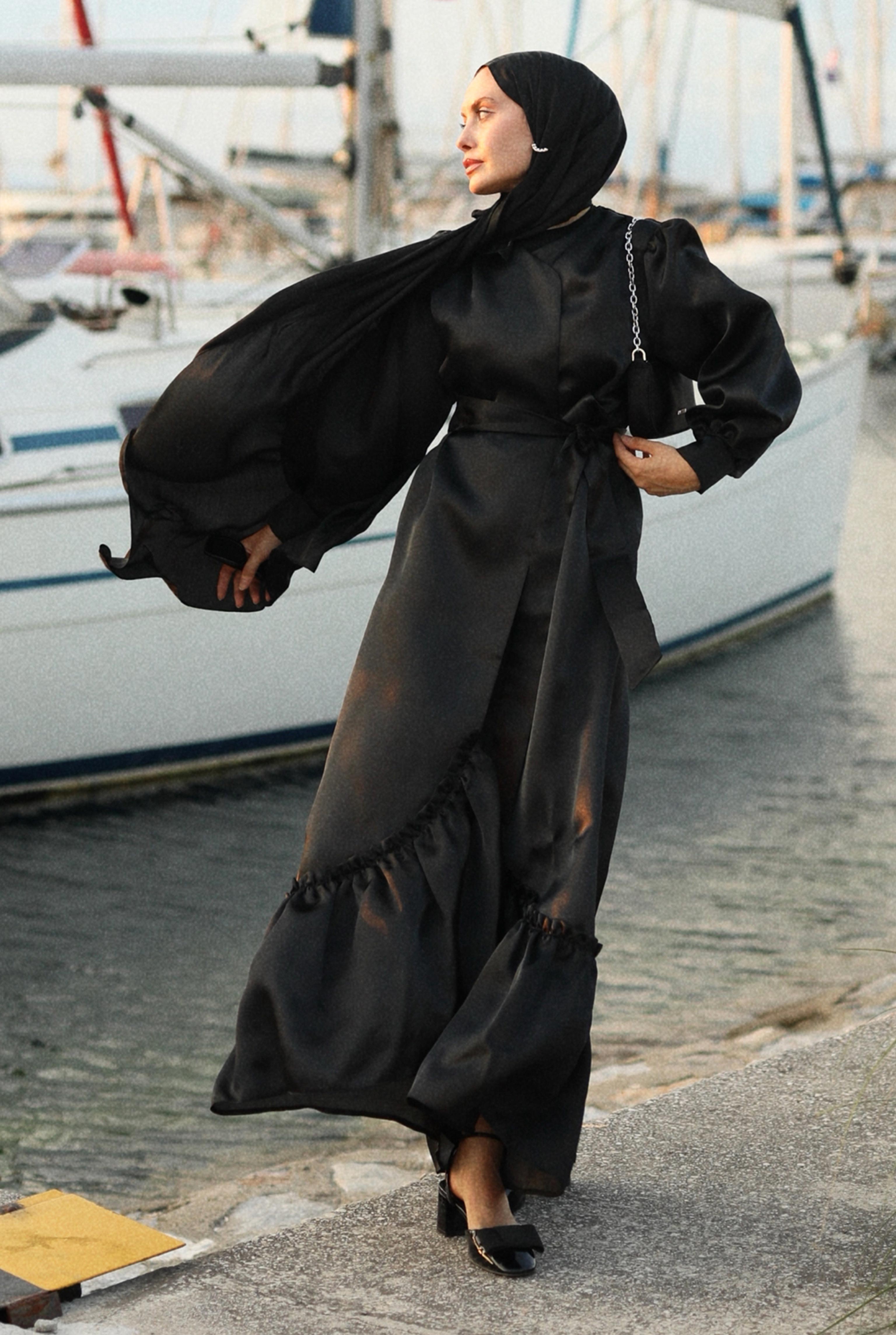 Fırfırlı Tafta Kaftan Siyah