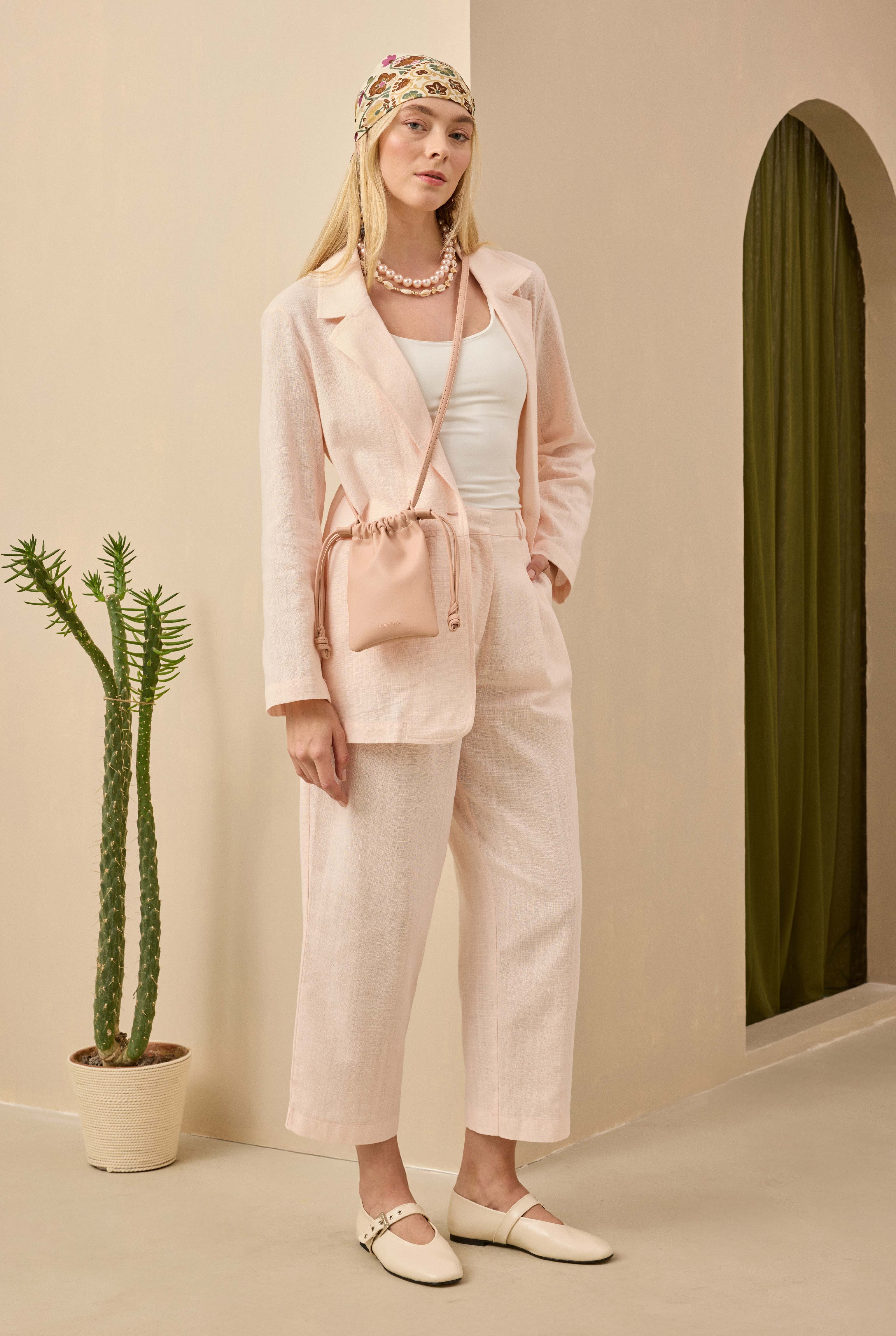 Çift Pileli Keten Pantolon Soft Pembe
