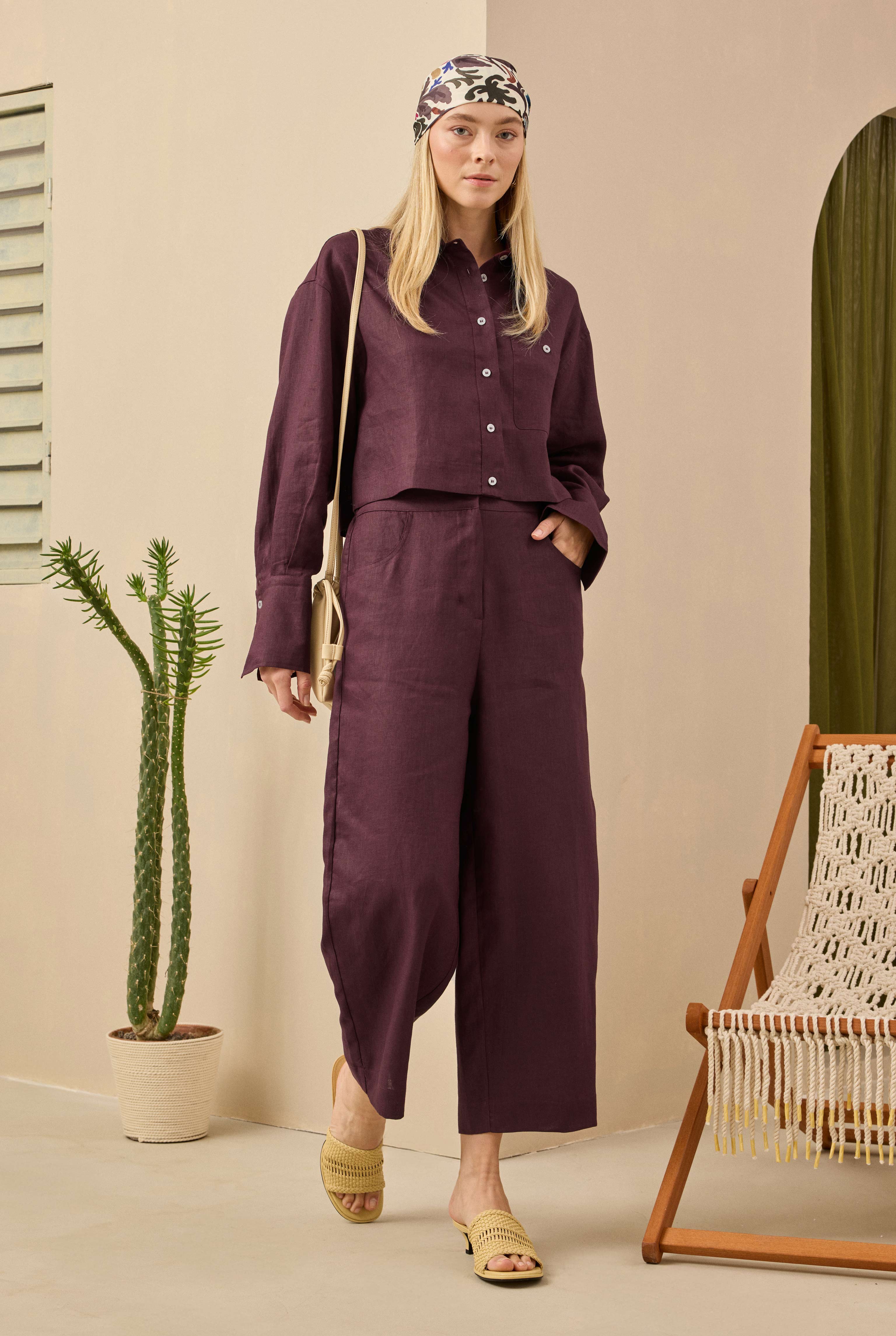 Midi Keten Pantolon Bordo