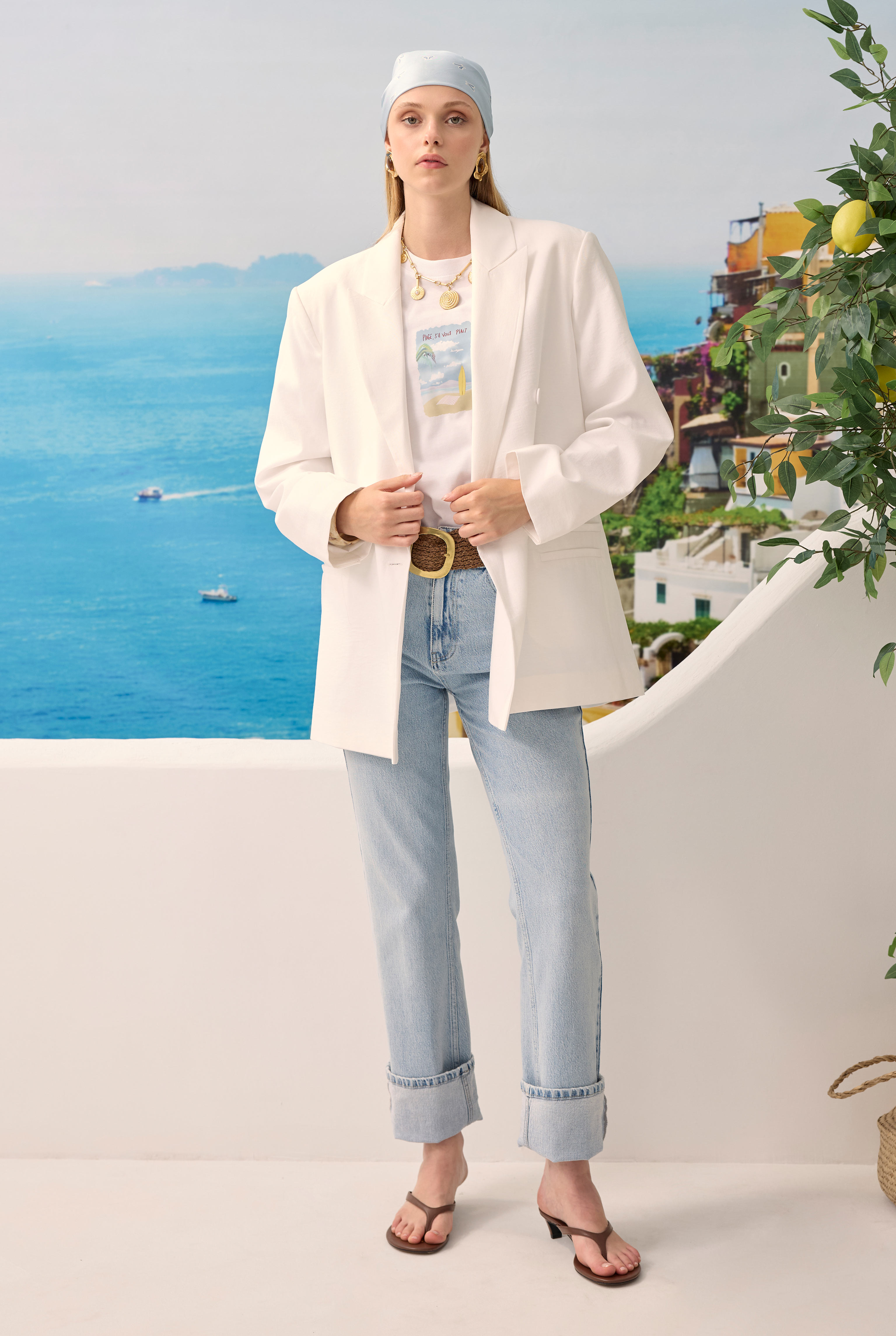 Modal Bol Kesim Blazer Ceket Beyaz