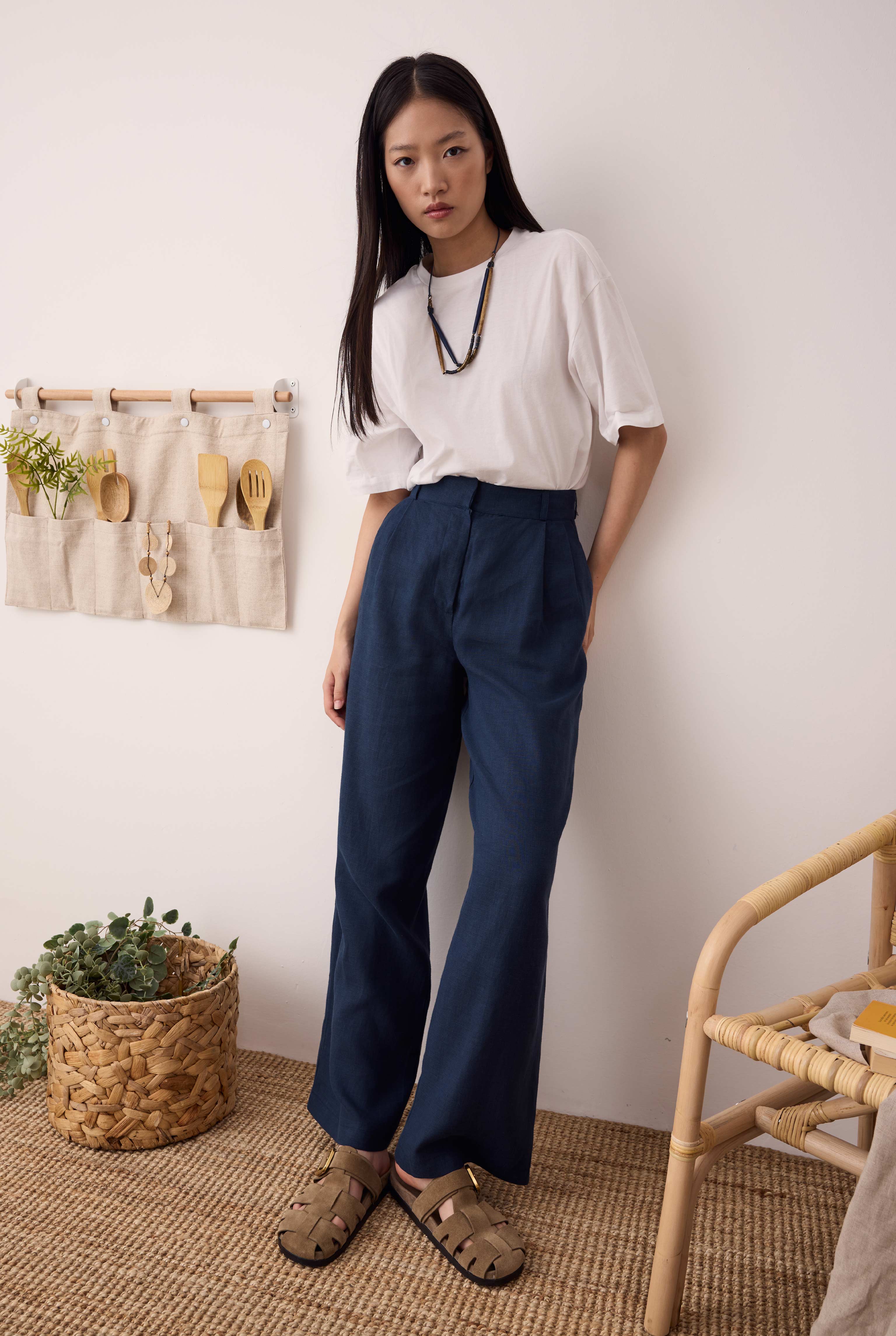 Pileli Basic Keten Pantolon Gece Mavi