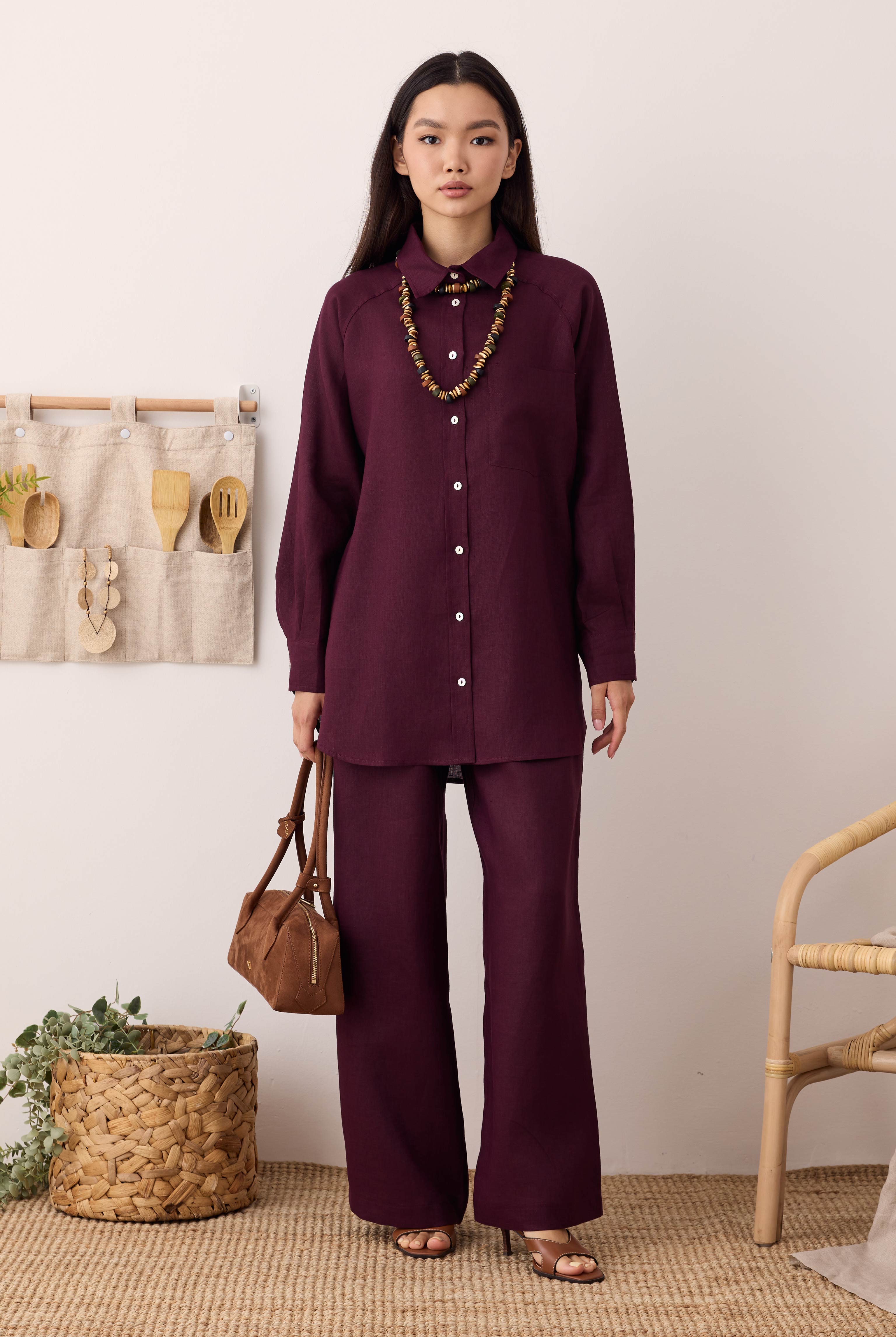 Pileli Basic Keten Pantolon Bordo
