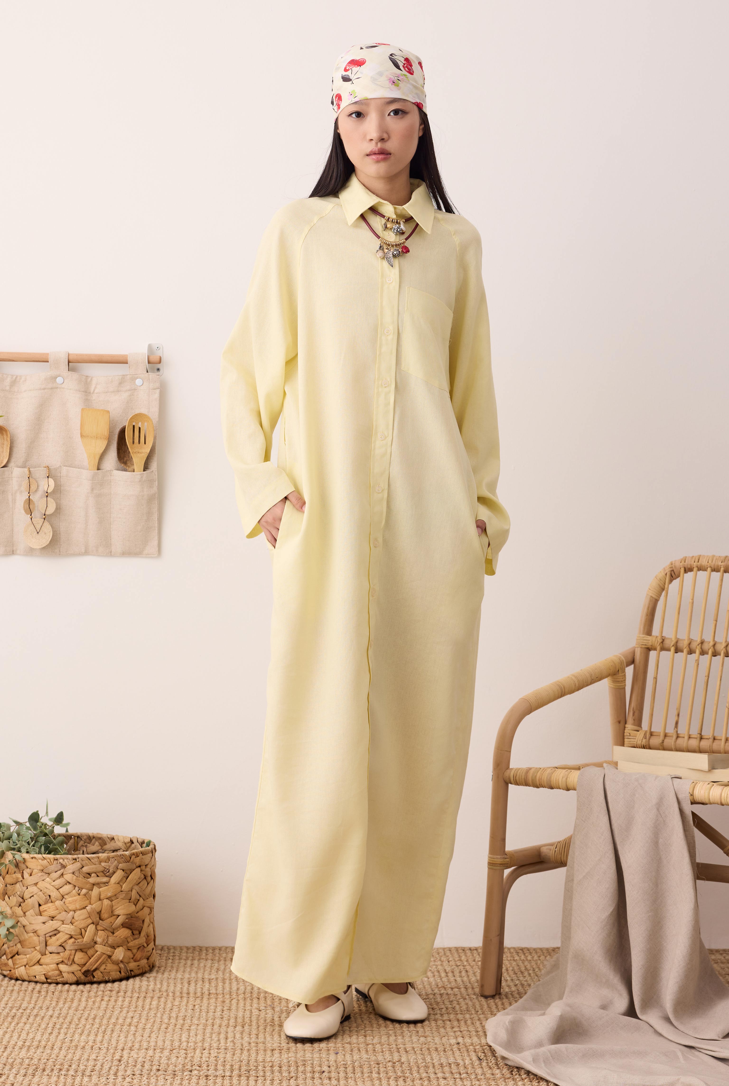 Reglan Kol Keten Elbise Soft Sarı