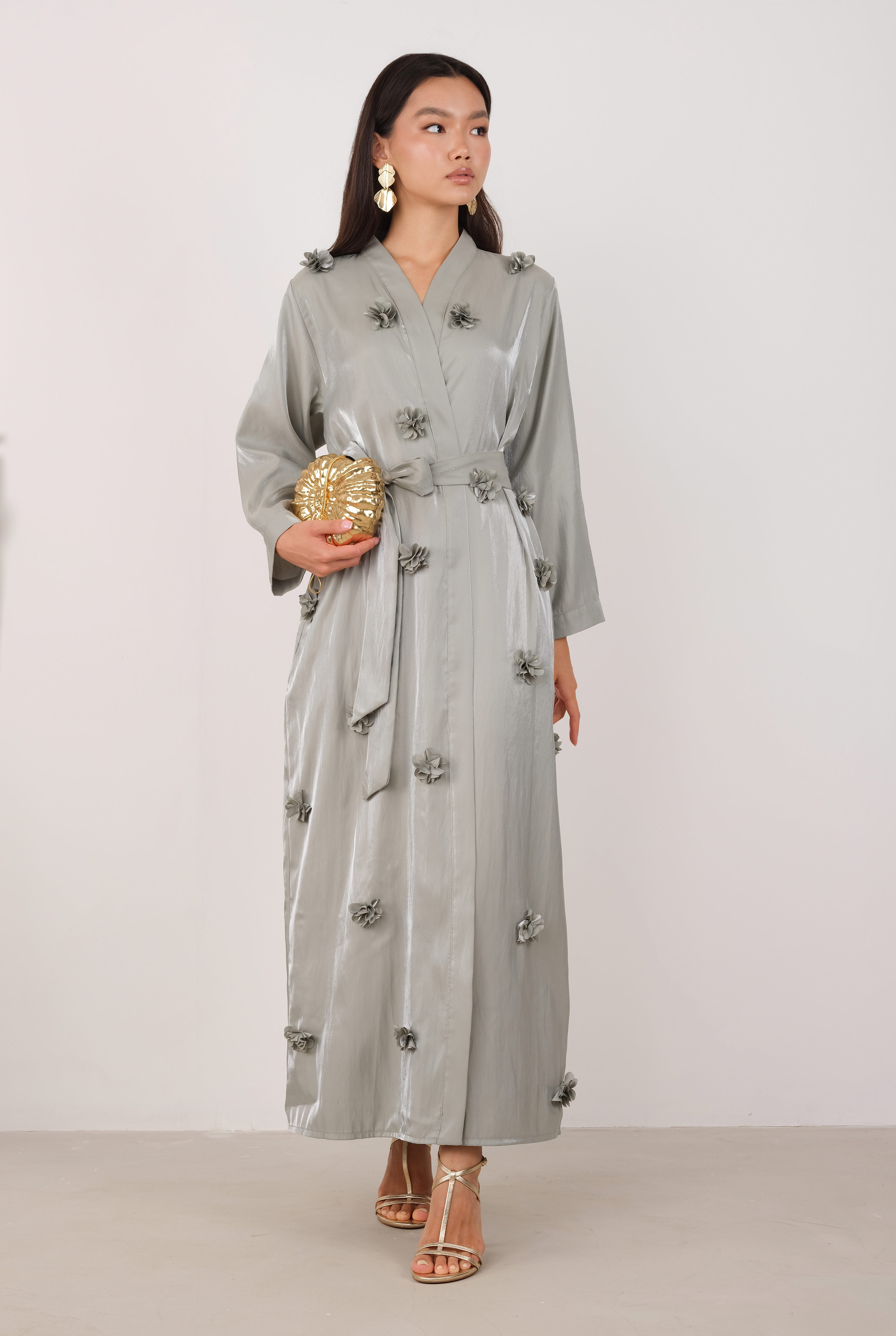 Çiçekli Aplikeli Abaya Çağla