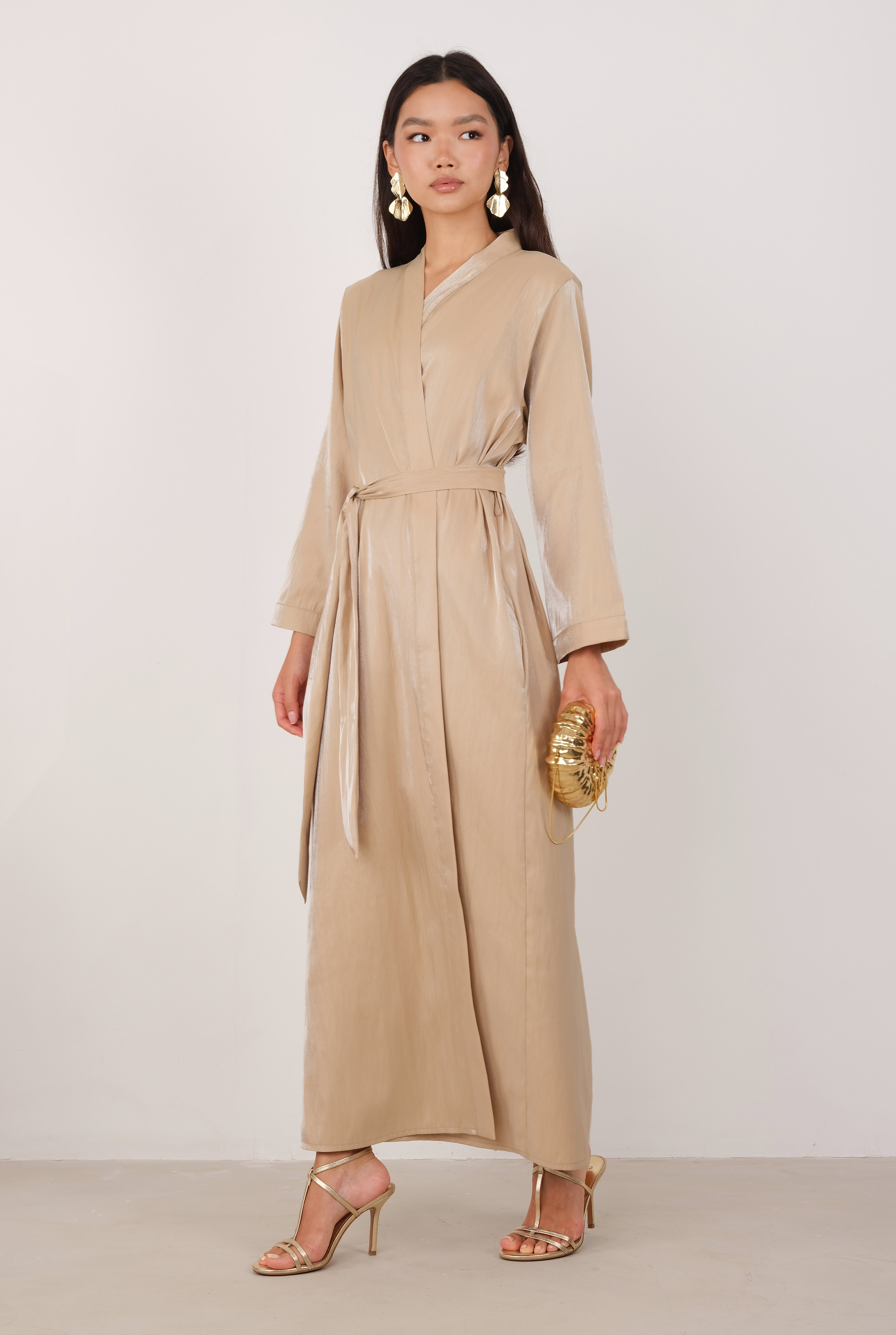 Sedefli Abaya Koyu Bej
