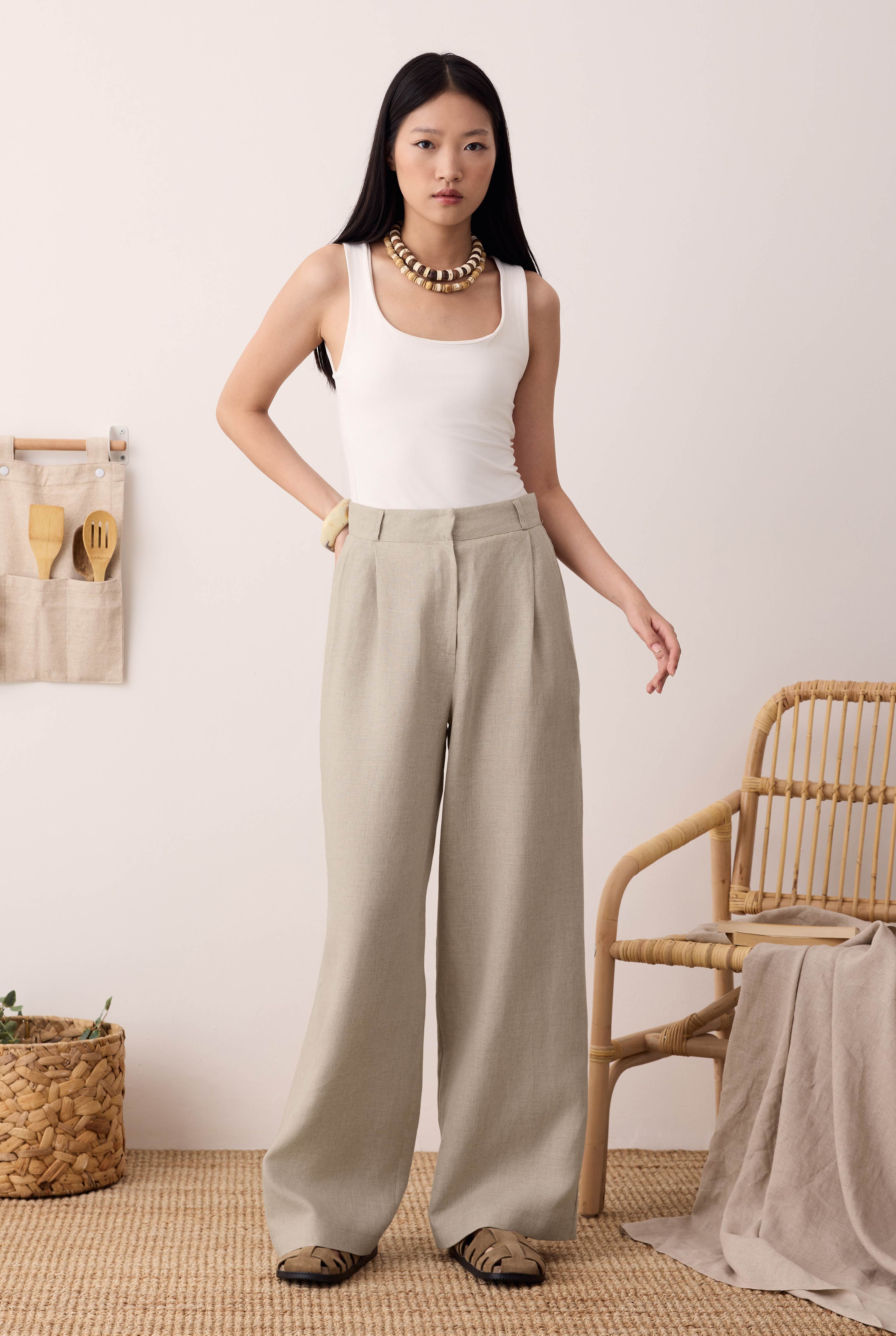 Pileli Basic Keten Pantolon Sedef
