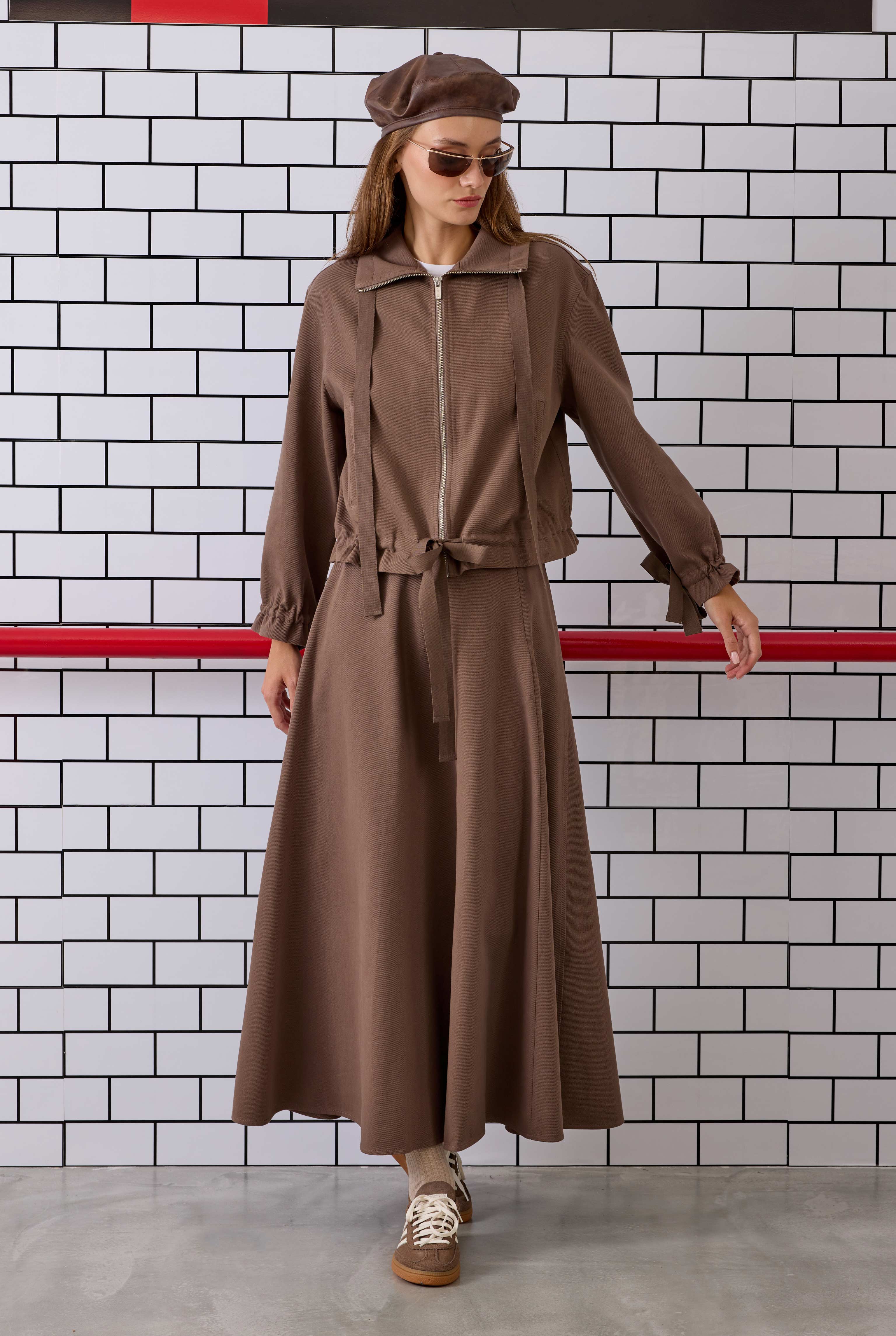 Parçalı Helen Etek Tozlu Kahve
