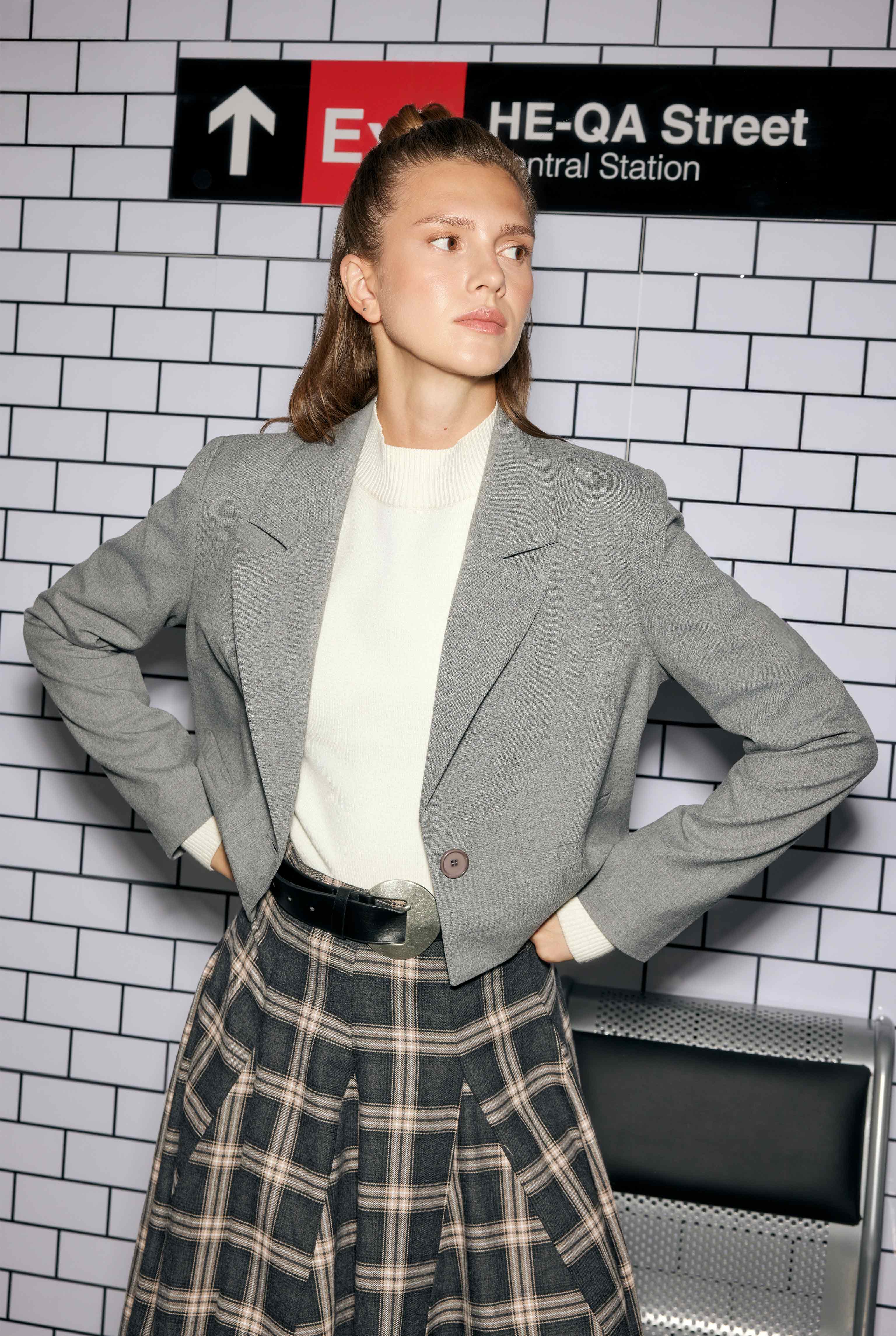 Crop Blazer Ceket Duman