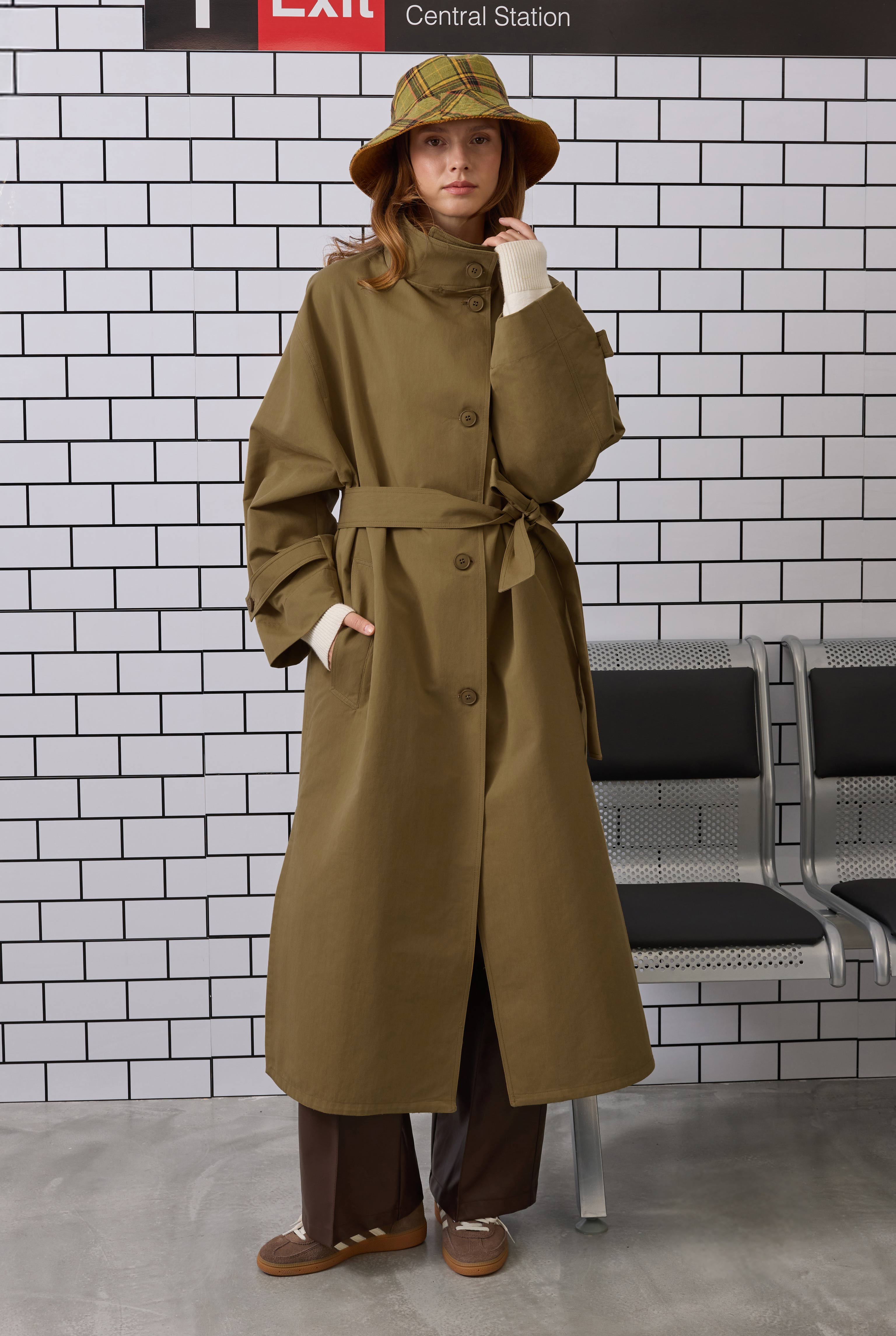 Funnel Neck Uzun Trençkot Zeytin