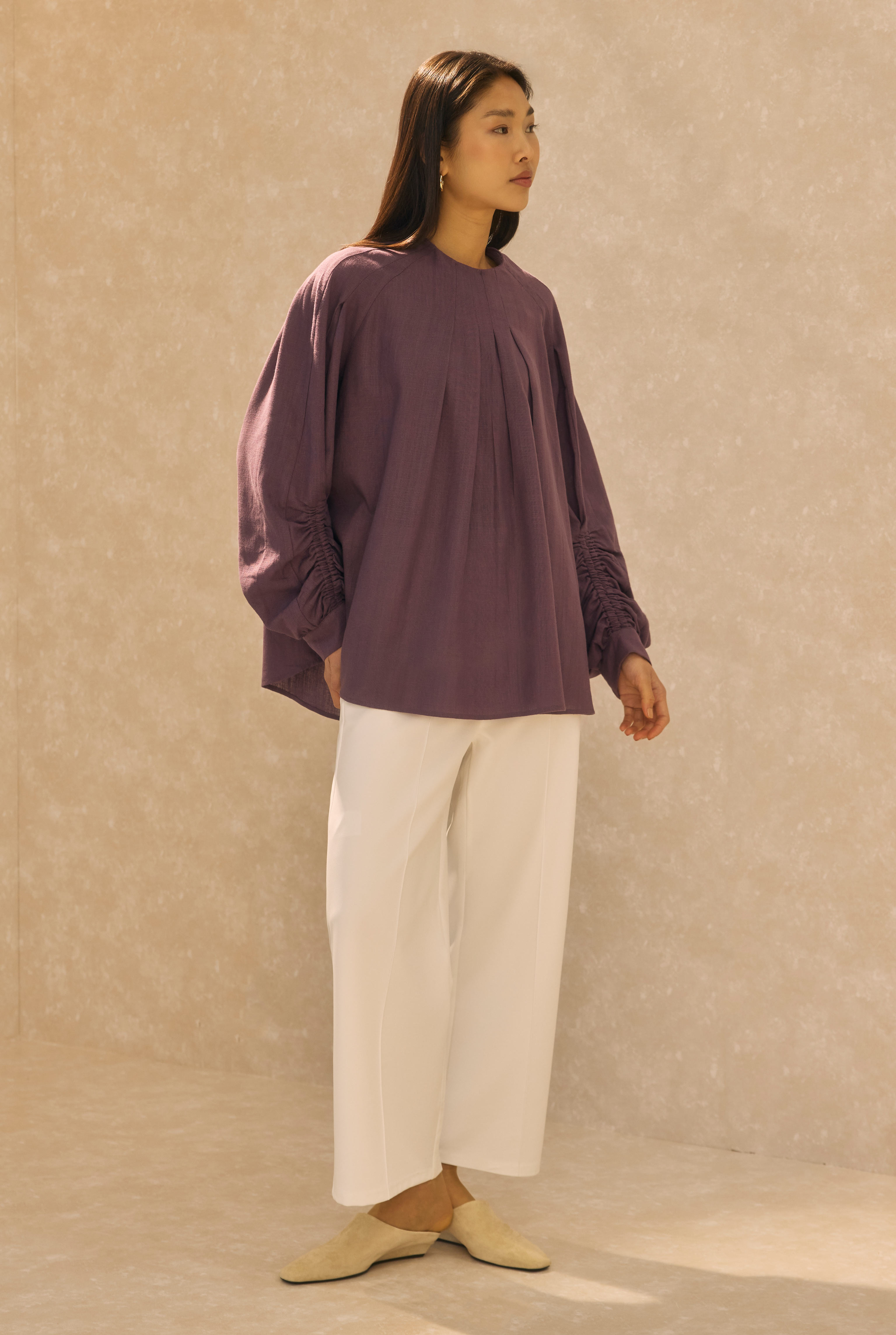 Kol Büzgülü Pamuk Keten Tunik Retro Violet
