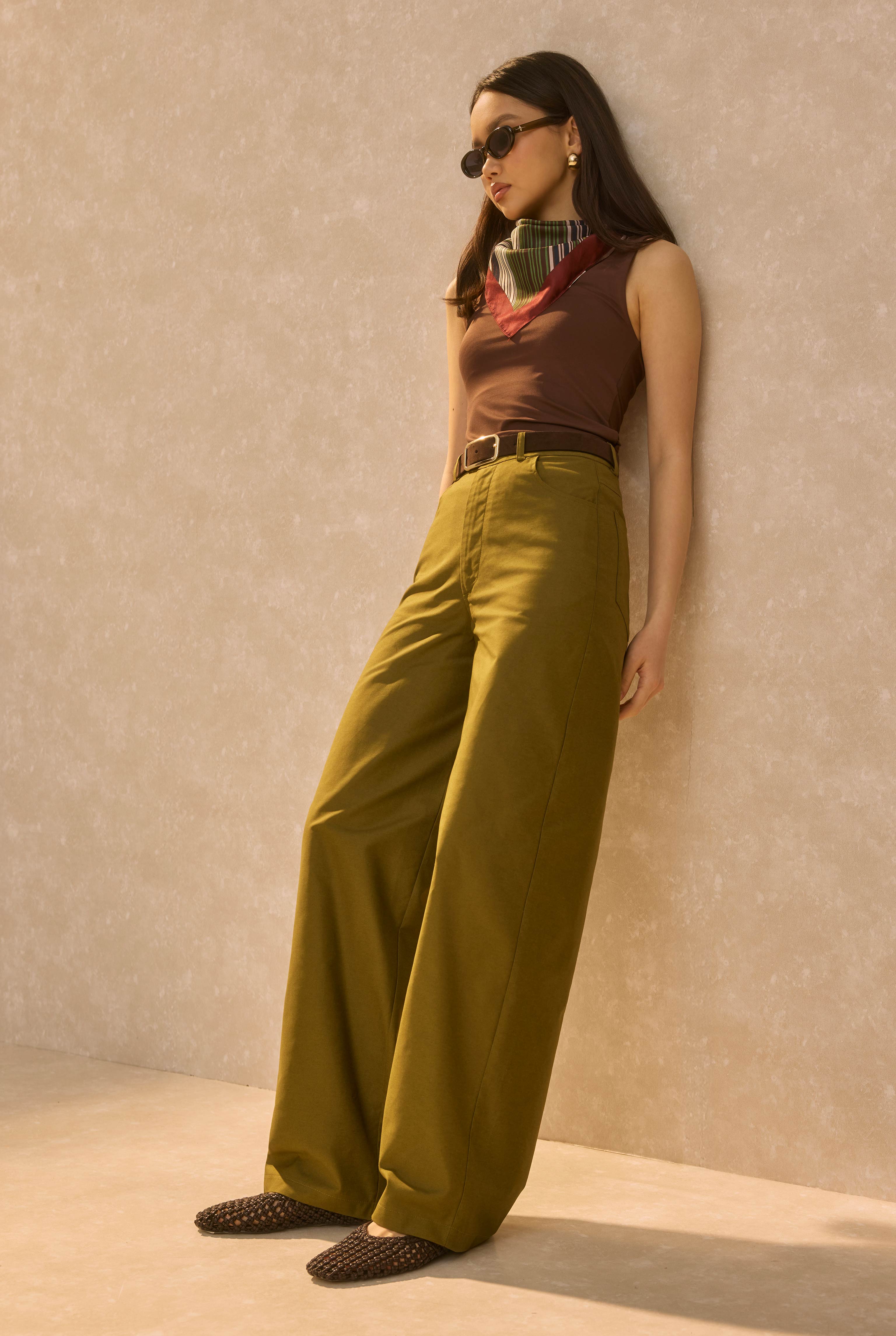 Gabardin Barrel Pantolon Yağ Yeşili