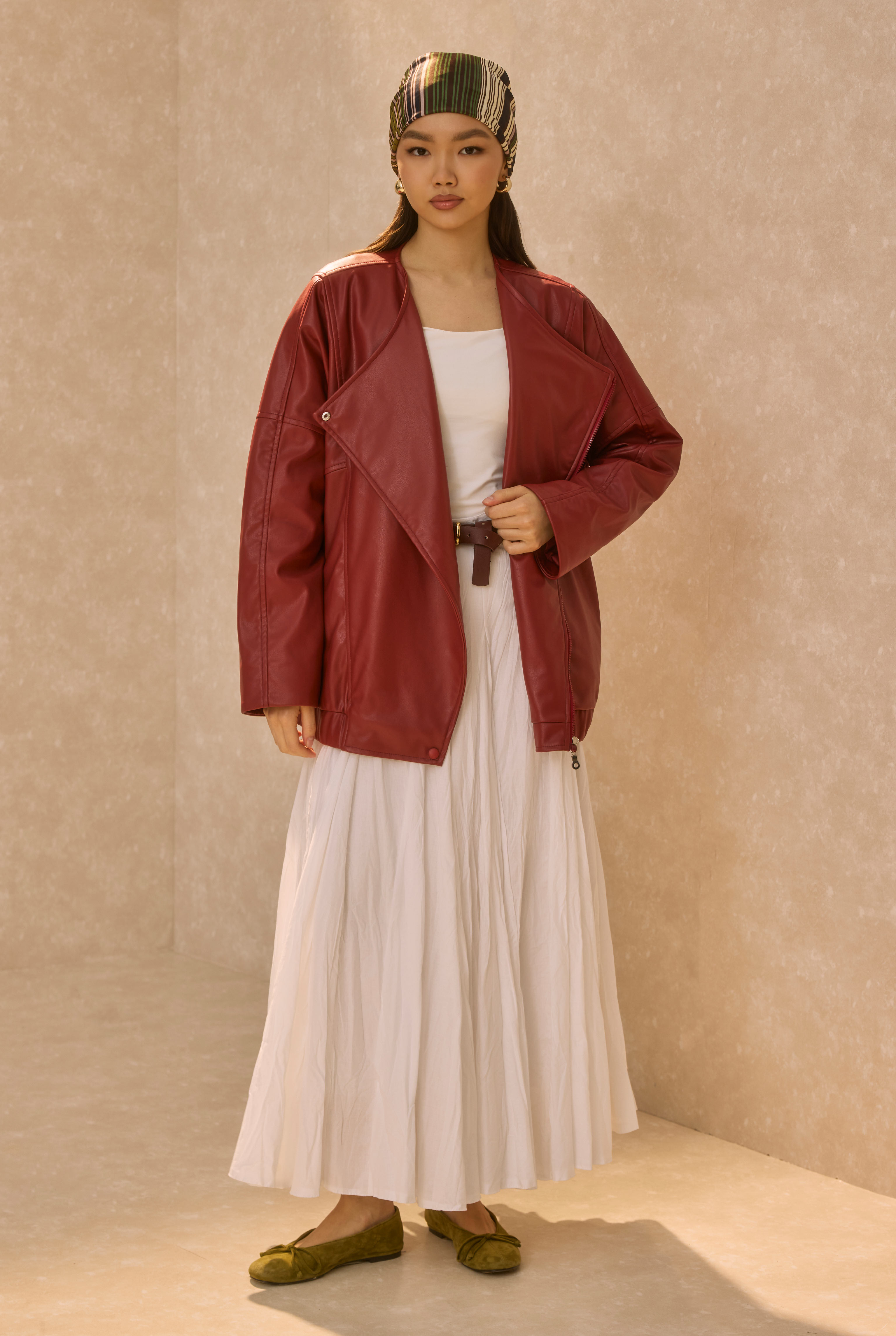 Asimetrik Kesim Deri Ceket Bordo