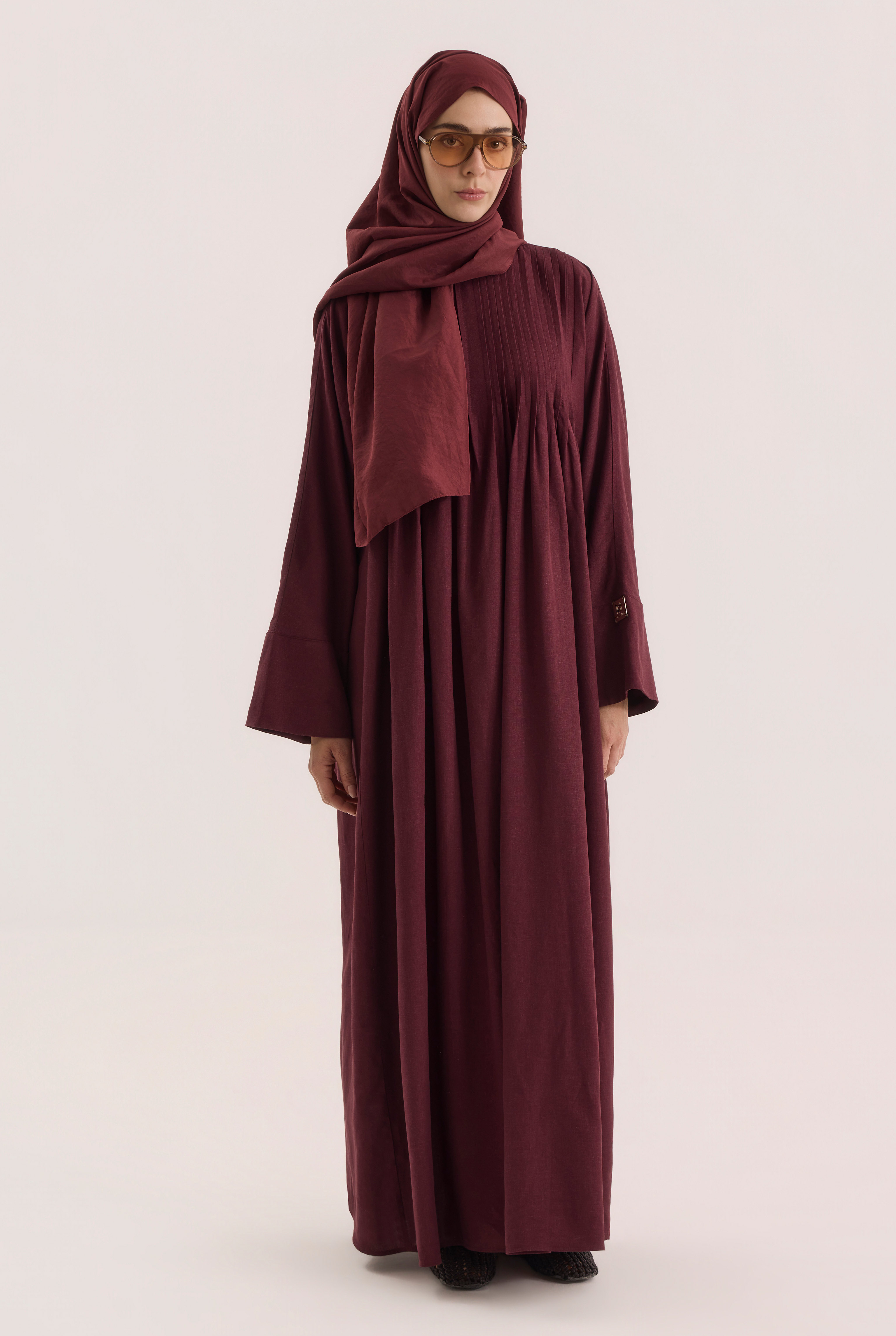 Nervür Detaylı Keten Abaya Bordo
