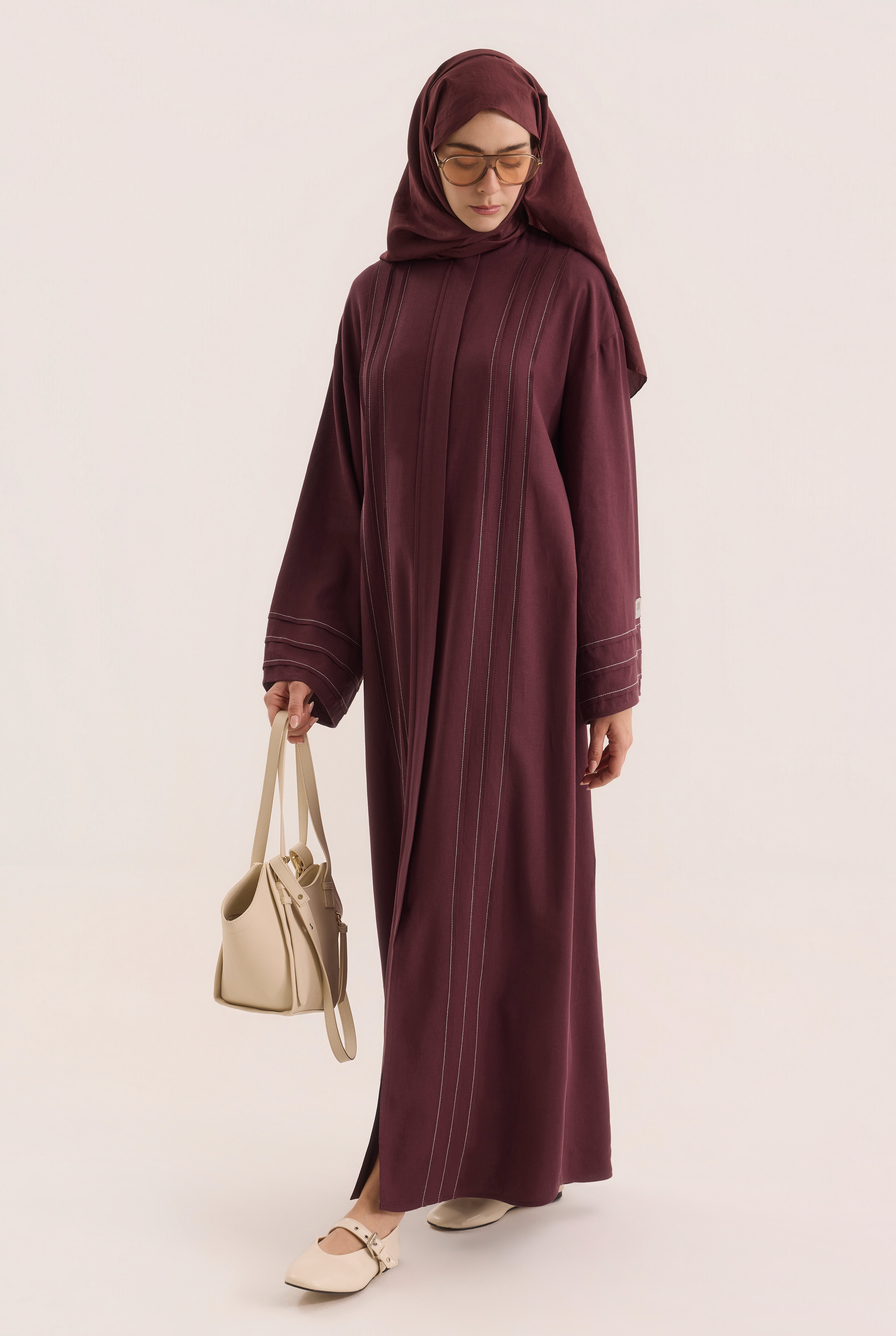 Kontrast Dikişli Abaya Bordo