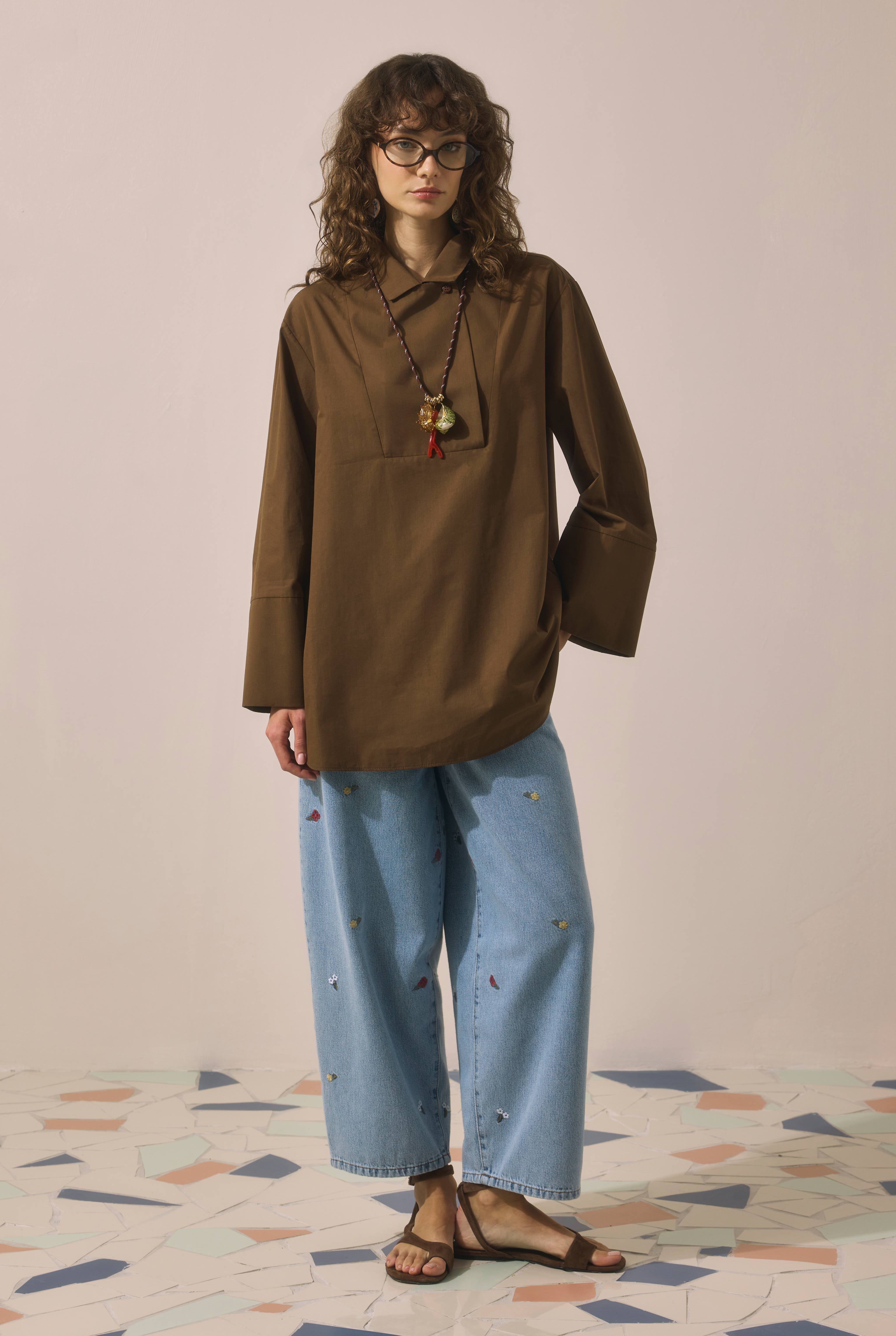 Kruvaze Yaka Tunik Kahve