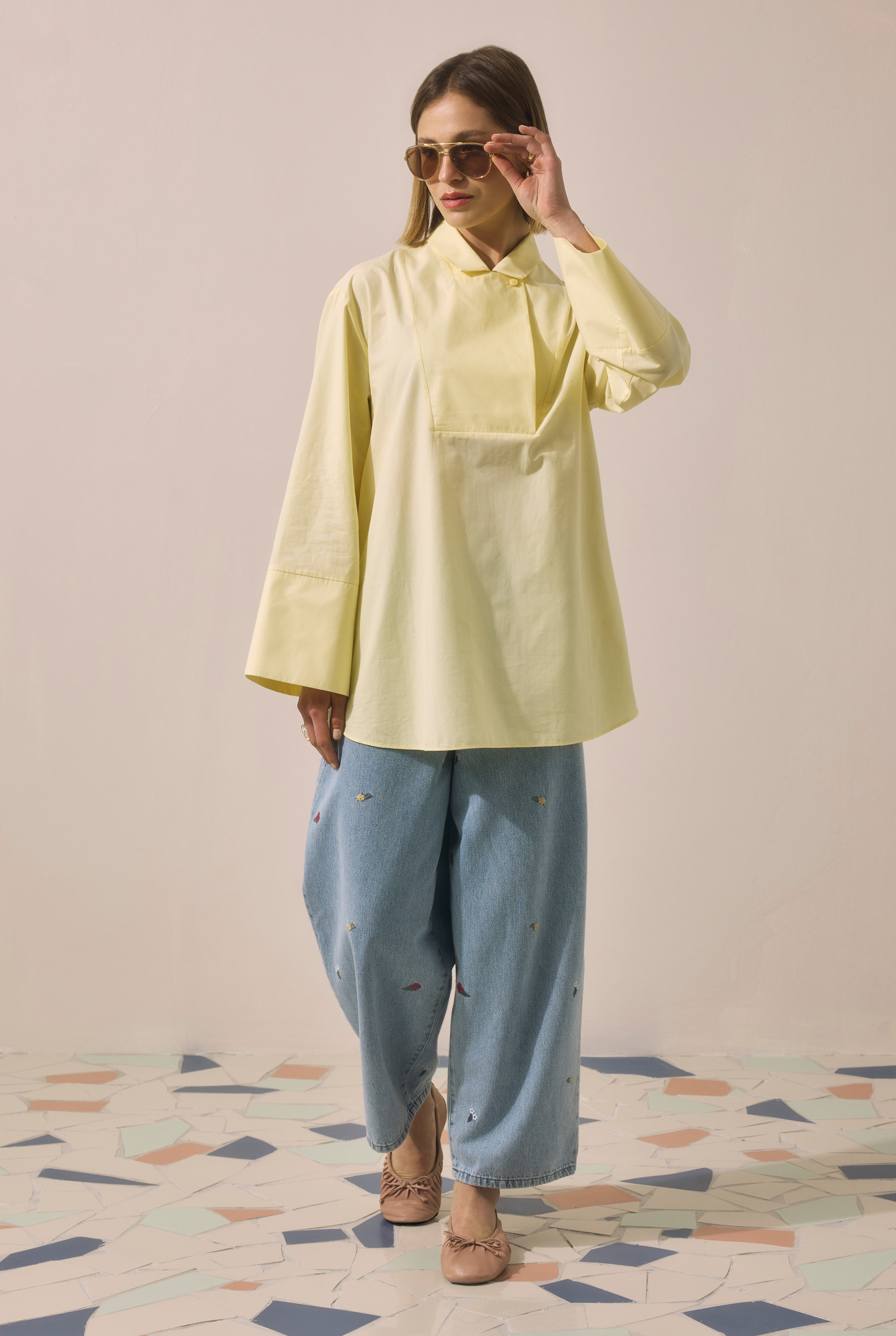 Kruvaze Yaka Tunik Soft Sarı