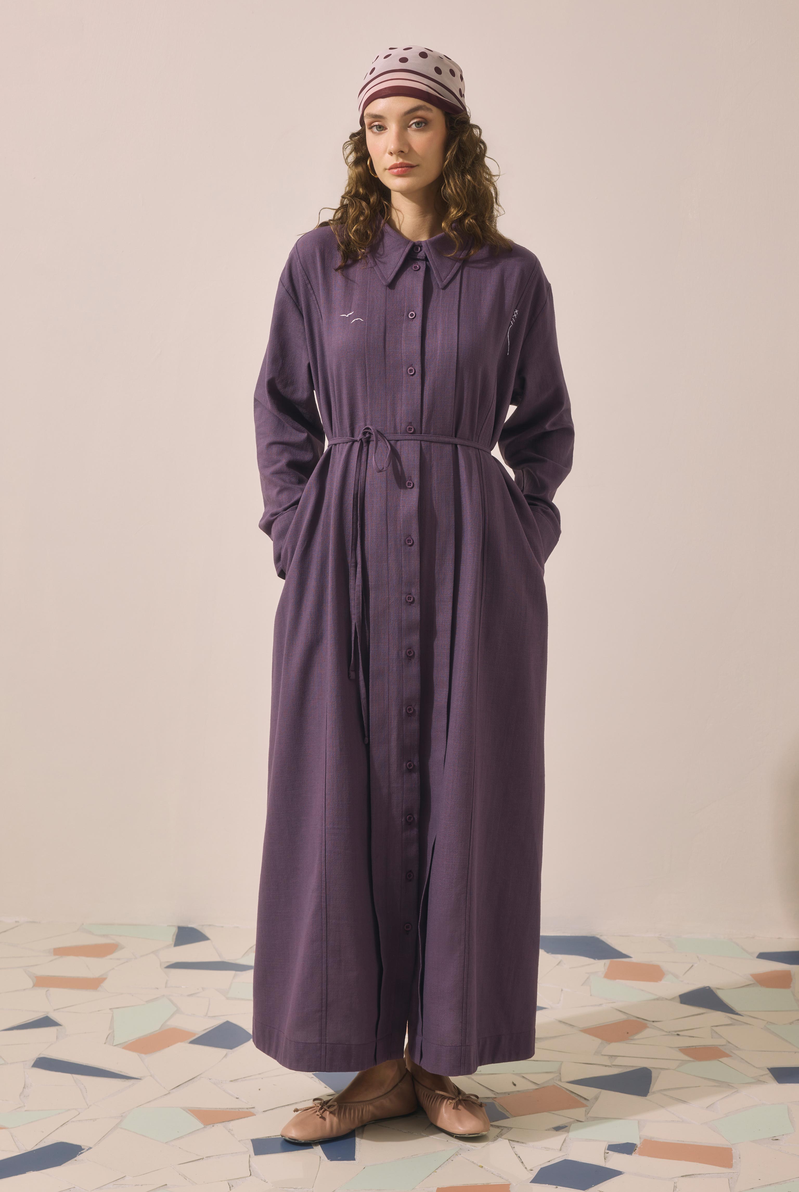 Nakış Detaylı Pamuk Elbise Retro Violet