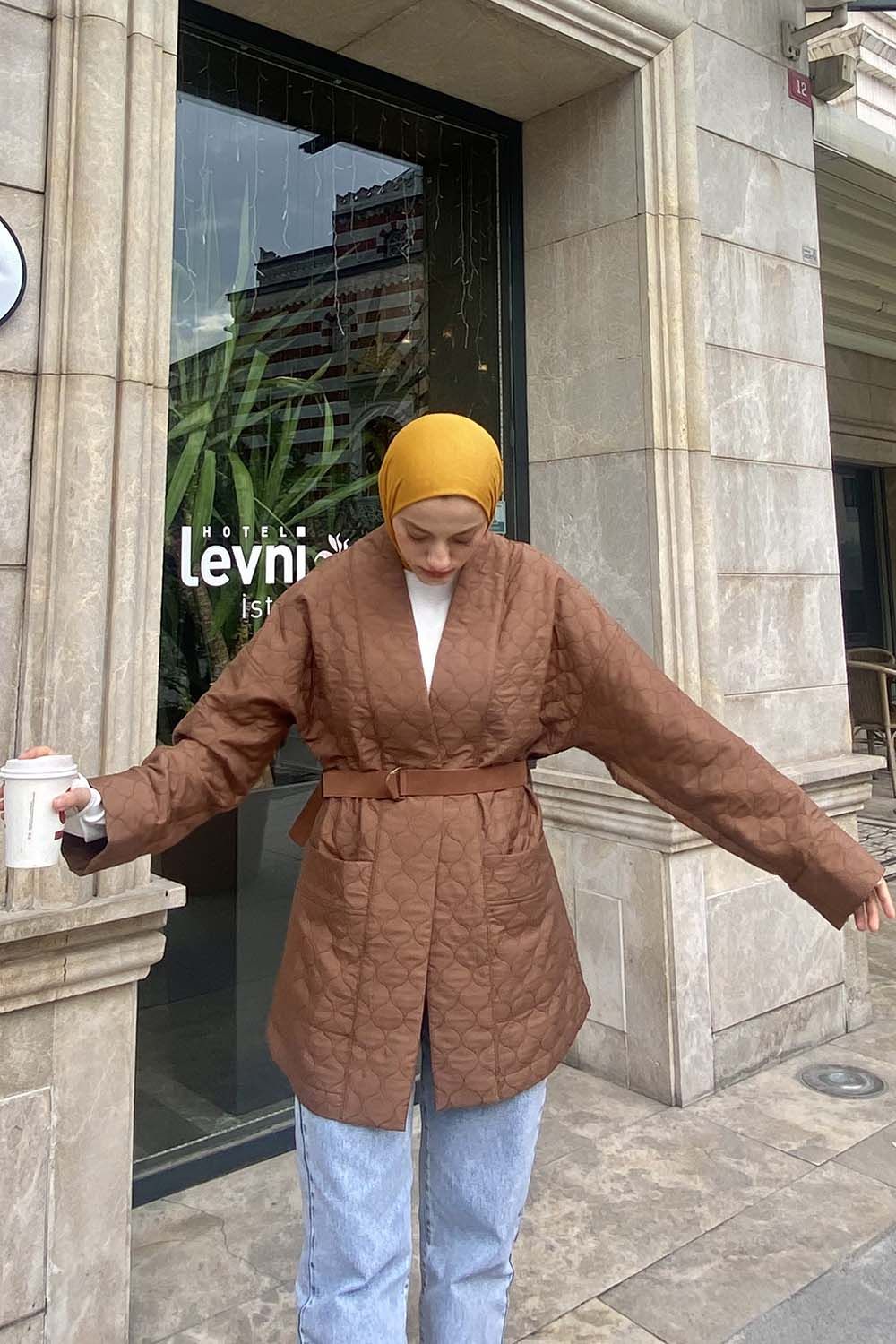 Kapitone Kemerli Ceket Kısa Kahve