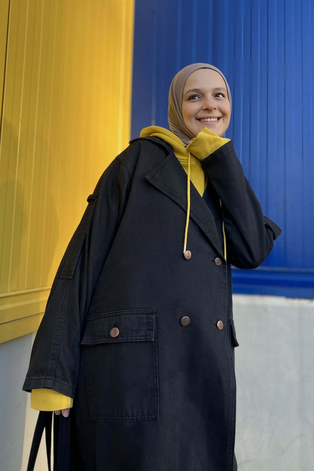 Denim Trençkot Uzun Siyah