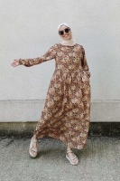 Belden Büzgülü Elbise Hardal - Thumbnail